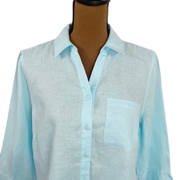 Chico’s No-Iron Linen 3/4 sleeve sheer Shirt in bright baby blue size US 10 - Picture 5 of 12